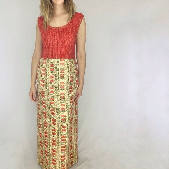 Vintage Gold Red Orange Hostess Maxi Party Dress. Union Label. - Picture 6 of 16